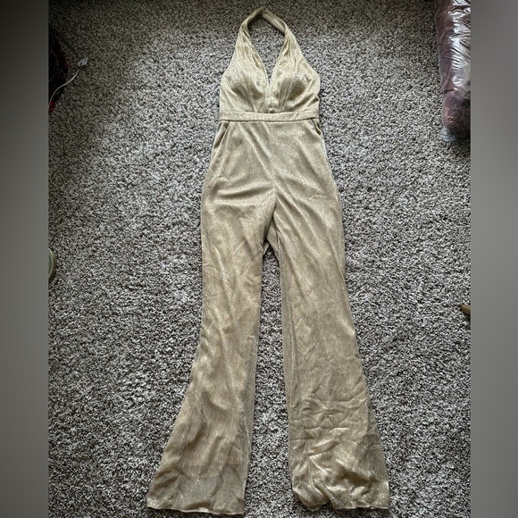 BHLDN JILL STUART CHAMPAGNE SPARKLE HALTER NECK MARA JUMPSUIT - Picture 6 of 6